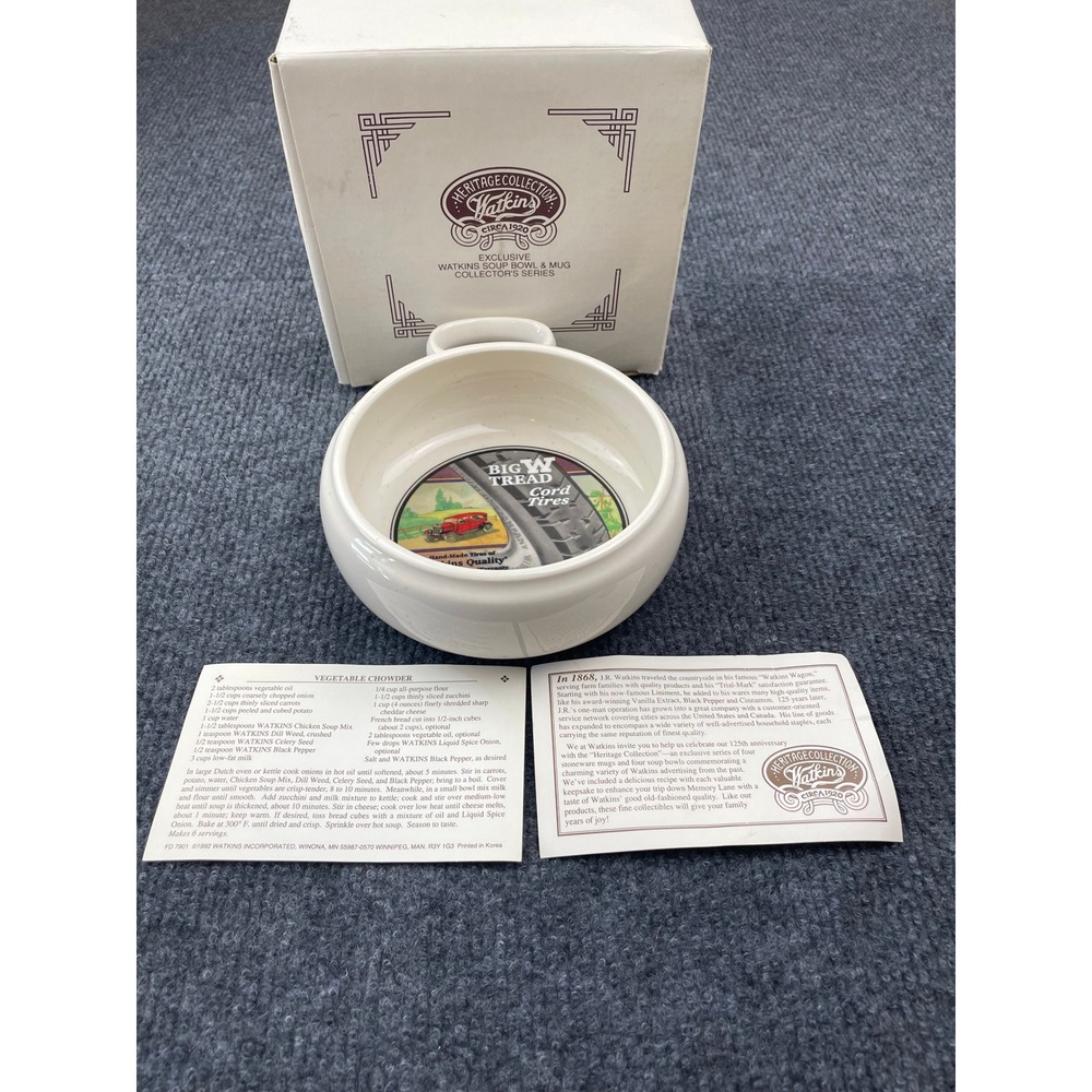 Watkins Heritage Collection Big W Tread Cord Tires Soup Bowl Mug 1992 Boxed